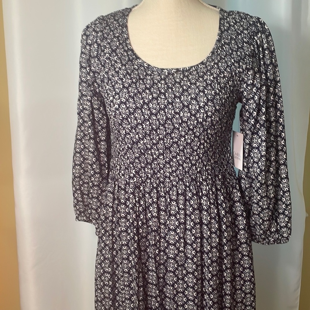 Lovely smocked front and back navy and white dress with 3/4 length sleeves